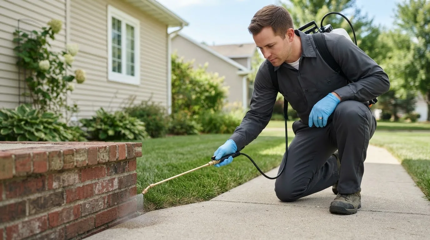 Pest control technician treating a home near Beaman, IA