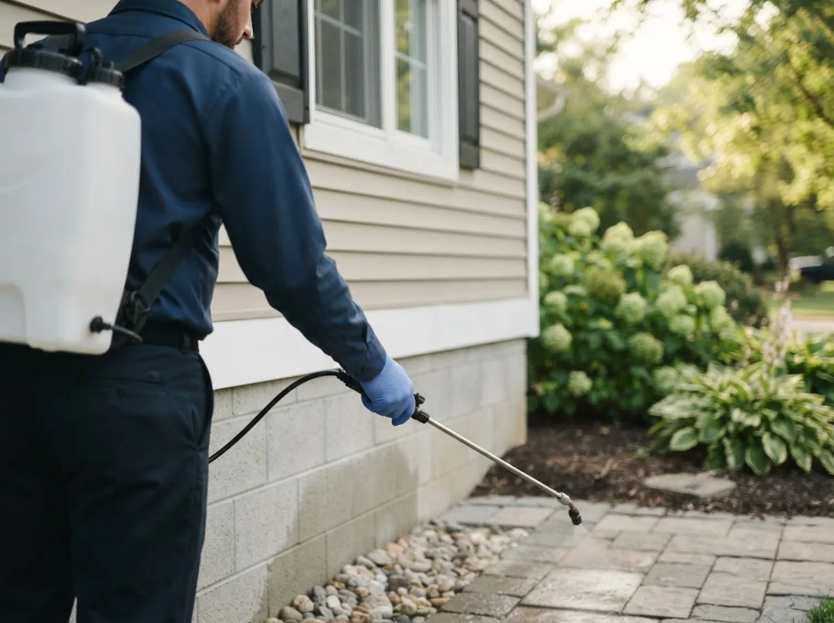 Pest control technician inspecting a home in Beaman, IA